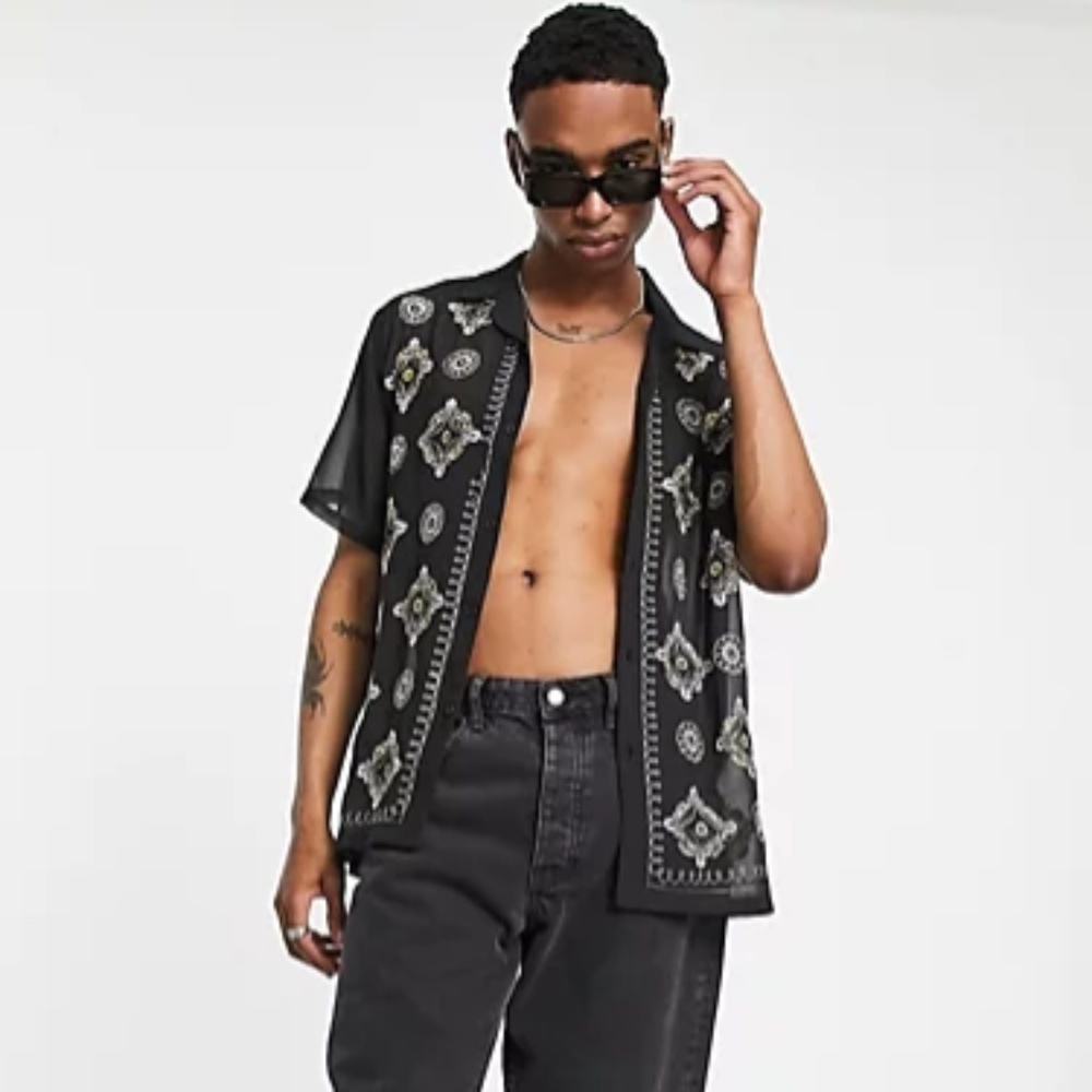 ASOS DESIGN relaxed revere shirt in sheer with sparkle embroidery